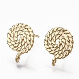 Brass Stud Earring Findings, with Loop, Flat Round, Real 18K Gold Plated