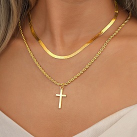 2Pcs Alloy Cross Pendant Necklace Sets, Flat Snake Chain Necklaces for Women