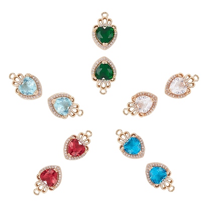 10Pcs 5 Colors Glass Pendants, with Micro Pave Cubic Zirconia and Brass Open Back Settings, Faceted, Heart with Crown, Light Gold