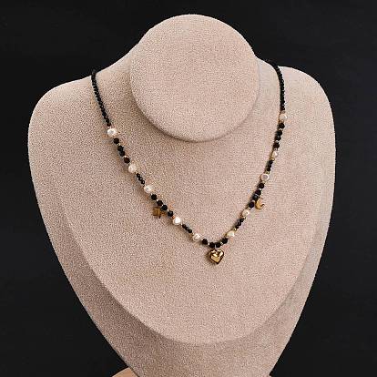 304 кулон ожерелья из нержавеющей стали с сердцем, ожерелья из натурального жемчуга и стеклянных бусин, ионное покрытие (ip), чёрные