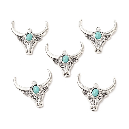 Synthetic Turquoise Pendants, with Alloy Findings, Cattle Head Charms