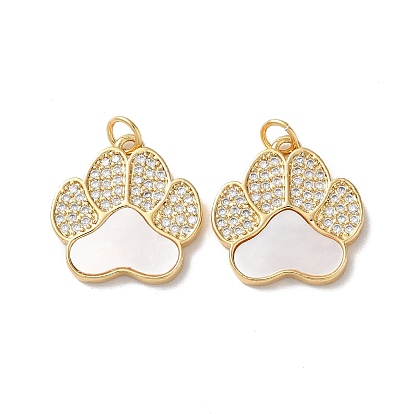 Brass Micro Pave Cubic Zirconia Pendants, Cadmium Free & Lead Free, with Shell, Real 18K Gold Plated, Cat-pad