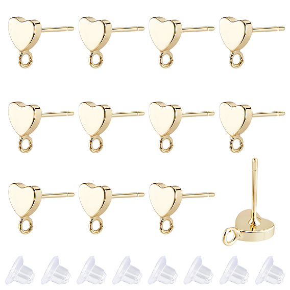 Brass Stud Earring Findings, with Loop, with Plastic Ear Nuts, Real 14K Gold Plated