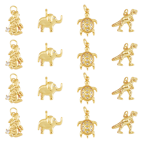16шт. 4 стиль латунные подвески с микропаве из кубического циркония в виде животных, без свинца и без кадмия, долговечный, динозавр/слон/кролик/черепаха