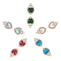 10Pcs 5 Colors Glass Pendants, with Micro Pave Cubic Zirconia and Brass Open Back Settings, Faceted, Heart with Crown, Light Gold