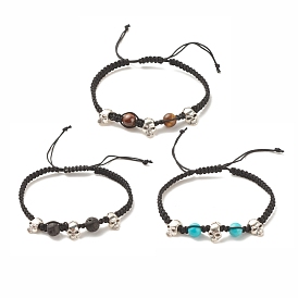 3Pcs Natural Tiger Eye & Lava Rock & Synthetic Turquoise Braided Bead Bracelets Set with Alloy Skull, Halloween Gemstone Adjustable Bracelets for Women