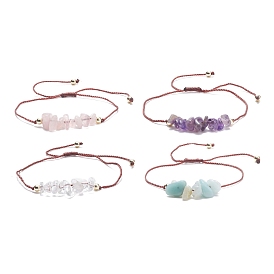 4Pcs 4 Style Chips Natural Mixed Beaded Bracelets Set with Brass Beads, Adjustable Bracelets for Women