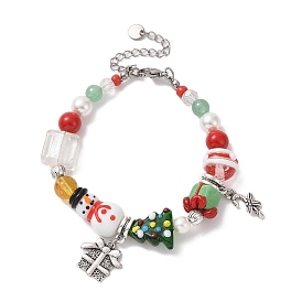 Snowman & Candy Cane Alloy Charm Bracelet, Christmas Tree & Snowman Lampwork & Natural Gemstone & Shell Beaded Bracelet for Women