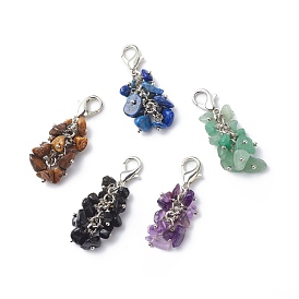 Gemstone Chips Cluster Pendant Decorations, Lobster Clasp Charms, Clip-on Charms, for Keychain, Purse, Backpack Ornament, Stitch Marker