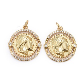 Brass Micro Pave Clear Cubic Zirconia Pendants, Long-Lasting Plated, with Jump Rings, Flat Round