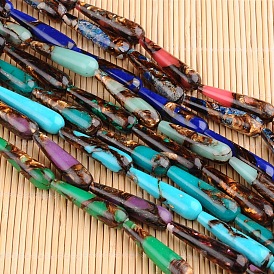 Assembled Dyed Synthetic Imperial Jasper and Bronzite Beads Strands, Drop, 40x6 ~10mm, Hole: 1mm, about 10pcs/strand, 15.7 inch.