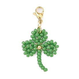 Clover Glass Beaded Pendant Decorations, with 304 Stainless Steel Lobster Claw Clasps