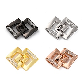 Rack Plating Square Brass Interlocking Clasps, with Clear Cubic Zirconia, Long-Lasting Plated, Lead Free & Cadmium Free