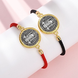 Браслеты-слайдеры из сплава с нейлоновой веревкой, браслеты для женщин, плоские круглые с святым Бенедиктом, два тона