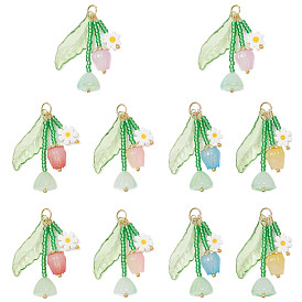 20Pcs 5 Colors Glass Pendants, Flower Charms, with Acrylic & Seed Beads