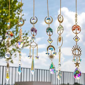 Glass Teardrop/Cone Pendant Decoration, Hanging Suncatchers, with Tree of Life Gemstone Chip amd Metal Moon Link for Home Garden Decoration