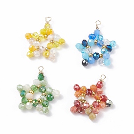 Electroplate Glass Beaded Pendants, with Copper Wire & Brass Beads, Star