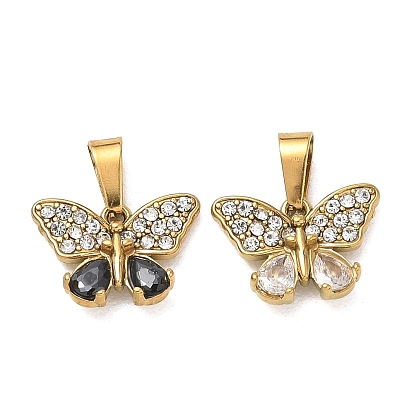 304 Stainless Steel Pendants, Butterfly Charms, with Rhinestone & Glass, Ion Plating(IP), Golden