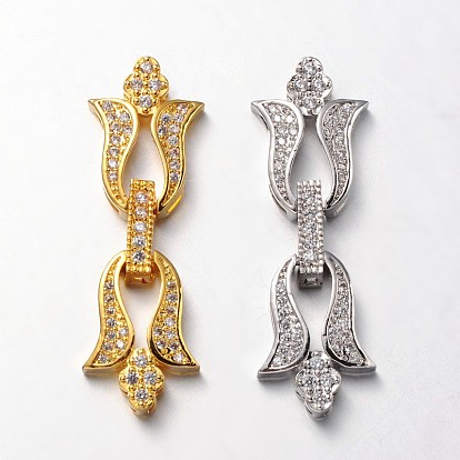 Flower Brass Micro Pave Cubic Zirconia Fold Over Clasps, Lead Free & Nickel Free, 39x13x5mm, Hole: 2x1mm