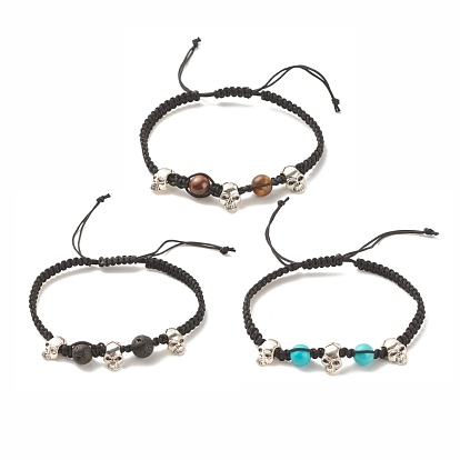 3Pcs Natural Tiger Eye & Lava Rock & Synthetic Turquoise Braided Bead Bracelets Set with Alloy Skull, Halloween Gemstone Adjustable Bracelets for Women
