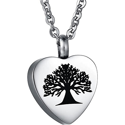 Tree of Life Pattern Heart Ash Urn Titanium Steel Pendant Neckalce, Empty Portable Bottle Necklace, Memorial Cable Chain Necklace for Women