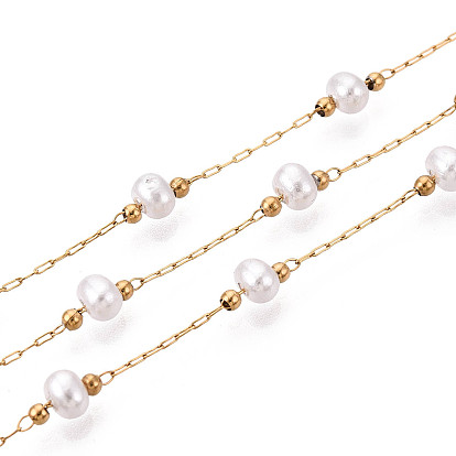 304 кабельные цепи из нержавеющей стали, с рондель из АБС-пластика и имитацией жемчуга, реальный 18 k позолоченный, пайки, с катушкой