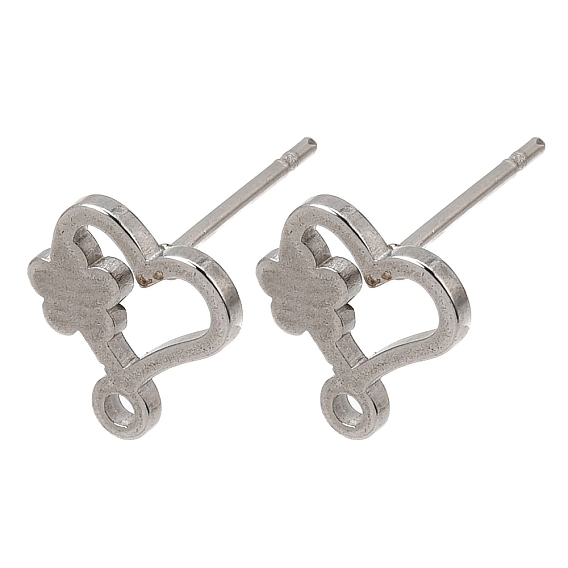 304 Stainless Steel Stud Earring Findings, Heart with Flower, with Loop