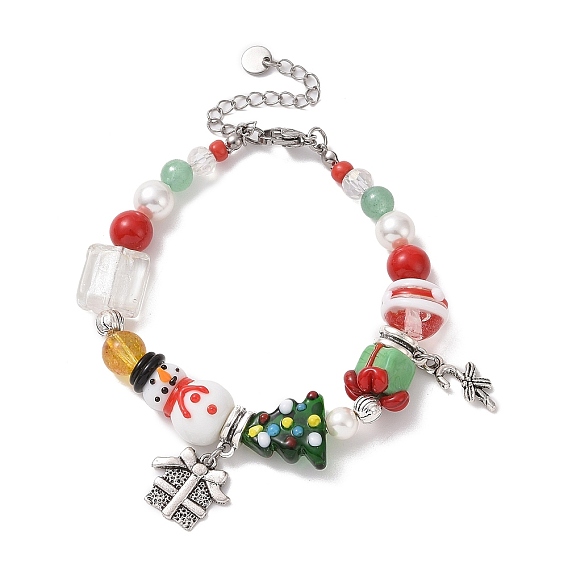 Snowman & Candy Cane Alloy Charm Bracelet, Christmas Tree & Snowman Lampwork & Natural Gemstone & Shell Beaded Bracelet for Women