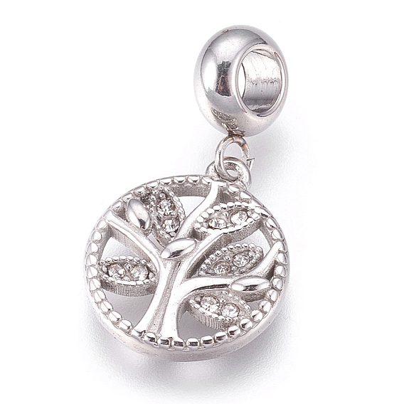 304 Stainless Steel European Dangle Charms, Large Hole Pendants, with Rhinestone, Flat Round with Tree