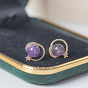 Natural Amethyst Moon and Star Stud Earrings with Clear Cubic Zirconia, Brass Earrings with 925 Sterling Silver Pins for Women