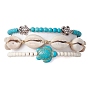 3Pcs 3 Style Synthetic Turquoise & Alloy Tortoise Stretch Bracelets Set, Natural Shell Braided Bead Adjustable Bracelets