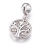 304 Stainless Steel European Dangle Charms, Large Hole Pendants, with Rhinestone, Flat Round with Tree