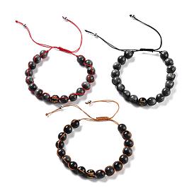 Adjustable Nylon Thread Braided Bead Bracelets, with Round Carved Om Mani Padme Hum Natural Obsidian Beads and Natural Tiger Eye Beads, Brass Beads