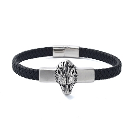 Men's Braided Black PU Leather Cord Bracelets, Wolf Head 304 Stainless Steel Link Bracelets with Magnetic Clasps