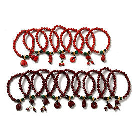 Cinnabar Mala Bead Bracelets, with Synthetic Malachite Beads and Natural Agate and Copper Wire, Buddhist Jewelry, Stretch Bracelets