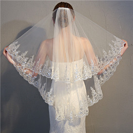 Velo de novia de malla con estampado de flores de doble capa y peinetas, para decoraciones de fiesta de boda para mujeres
