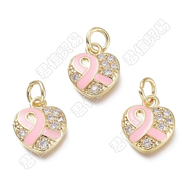 20 pièces en laiton micro pavé breloques en zircone cubique claire, avec des anneaux de saut, réel 18 k plaqué or, coeur avec ruban de conscience