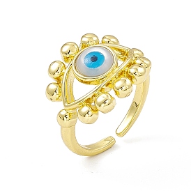 Natural Shell Evil Eye Open Cuff Ring, Rack Plating Brass Jewelry for Women, Cadmium Free & Lead Free