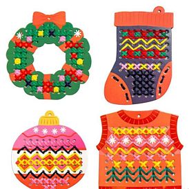 DIY Christmas Tree & Wreath & Bell & Sock & Vest Wooden Weaving Art, Including MDF Stencil, Woolen Yarn, Cotton Thread and Plastic Needle