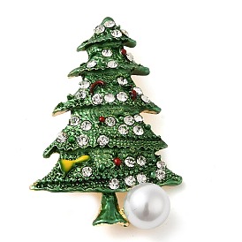 Christmas Alloy Enamel Pins, Crystal Rhinestone Christmas Tree Brooches with Resin Pearl