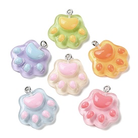 Cartoon Translucent Resin Pendants, Paw Print Charms with Platinum Plated Iron Loops