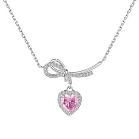 925 Sterling Silver Pendant Necklaces, Micro Pave Clear Cubic Zirconia, Heart