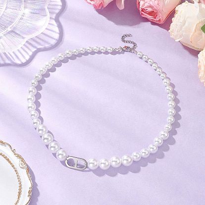 Стеклянные и пластиковые искусственные жемчужины круглые градуированные бусины ожерелья, с 201 овальными звеньями из нержавеющей стали, цвет нержавеющей стали