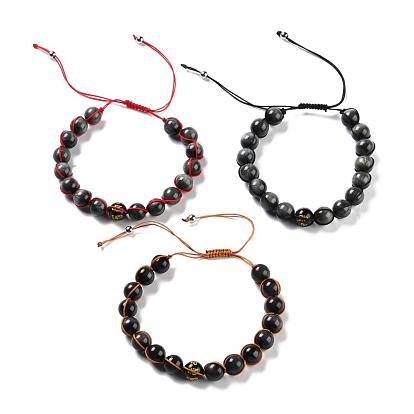 Adjustable Nylon Thread Braided Bead Bracelets, with Round Carved Om Mani Padme Hum Natural Obsidian Beads and Natural Tiger Eye Beads, Brass Beads