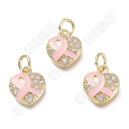 20 pièces en laiton micro pavé breloques en zircone cubique claire, avec des anneaux de saut, réel 18 k plaqué or, coeur avec ruban de conscience
