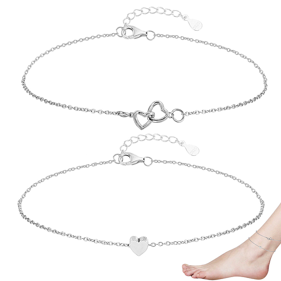 2 шт. 2 стили 925 наборы браслетов на ногу в форме сердца из стерлингового серебра, родий