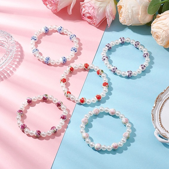 АБС-пластик имитация жемчуга круглые бусины эластичные браслеты для женщин, с фарфоровыми керамическими бусинами ручной работы с цветочным принтом