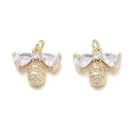 Brass Micro Pave Cubic Zirconia Charms, with Jump Rings, Bees, Clear
