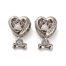 Alloy Rhinestone European Beads, Large Hole Beads, Heart with Word Partnar & Bone