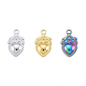 201 Stainless Steel Pendants, Heart with Flower